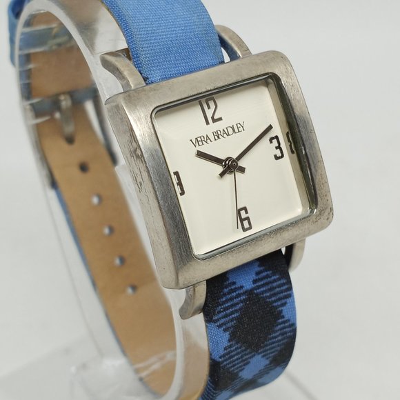 Vera Bradley Women's 25mm Square Silver Tone Blue Plaid Strap Watch NEW BATTERY - Picture 4 of 11